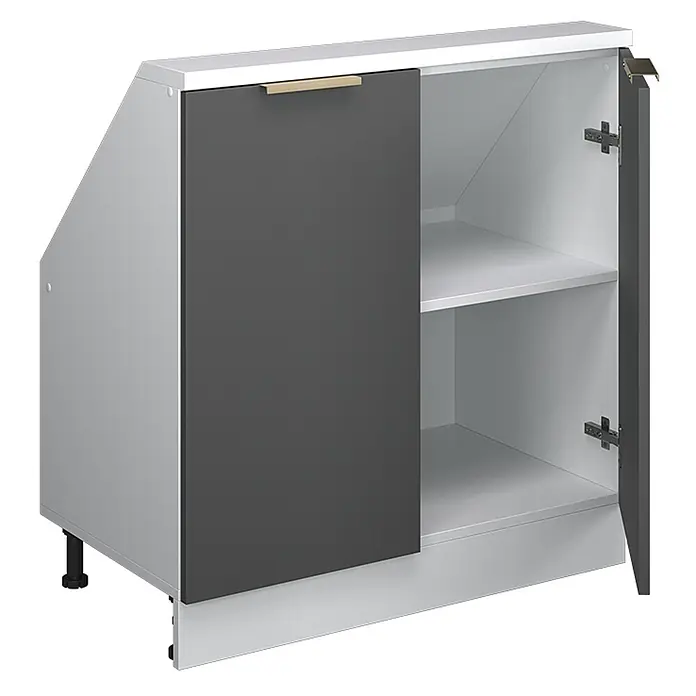 Küchenschrank für Dachschrägen R-Line 80 cm Anthrazit-Gold Art.-Nr. 60639 -  - Grau-weißer Unterschrank mit schräger Seite, geöffneter Tür, zwei Ablagen und goldenem Griff.