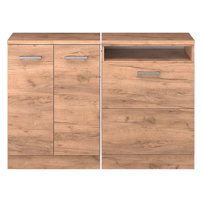 Küchenschrank für Dachschrägen R-Line 120 cm Goldkraft Eiche Art.-Nr. 60292 -  - Heller Holzschrank-Set mit zweitürigem Schrank, offenem Fach und zwei Staufächern.