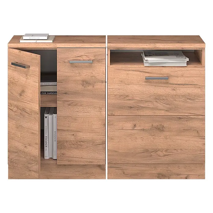 Küchenschrank für Dachschrägen R-Line 120 cm Goldkraft Eiche Art.-Nr. 60292 -  - Hellbrauner Holzschrank mit offener Tür, Büchern, offenem Fach und drei Schubladen.