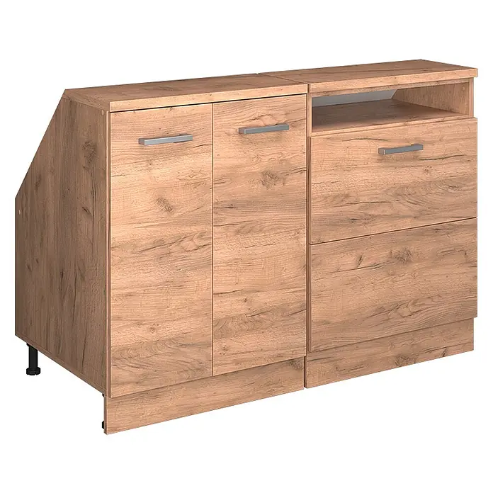 Küchenschrank für Dachschrägen R-Line 120 cm Goldkraft Eiche Art.-Nr. 60292 -  - Modulschrank in heller Holzoptik (Eiche) mit Türen, Schubladen und offenem Fach, für Dachschrägen.