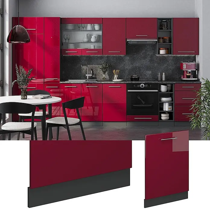 Geschirrspülblende Fame-Line 60 cm Bordeaux Hochglanz Art.-Nr. 54813 -  - Moderne Küche mit hochglänzenden roten Schränken und schwarzen Sockelleisten, mit integrierten Geräten und Essbereich.