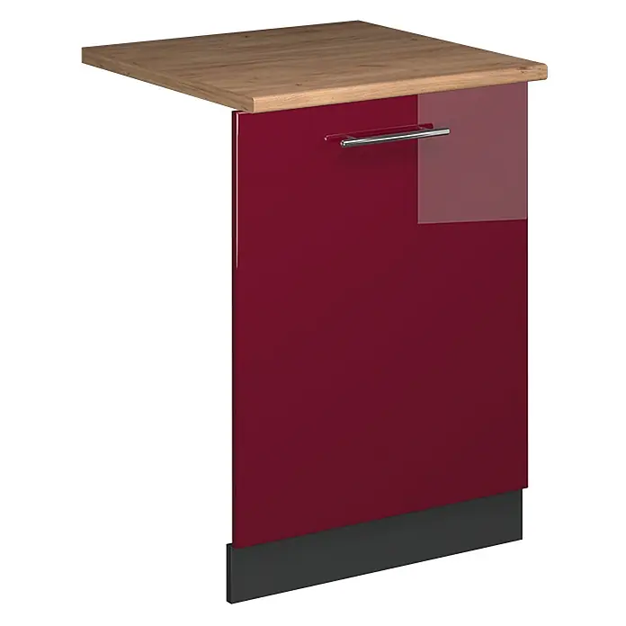 Geschirrspülblende Fame-Line 60 cm Bordeaux Hochglanz Art.-Nr. 54813 -  - Roter Hochglanz-Küchenunterschrank mit Holzplatte, silbernem Griff und dunkelgrauem Sockel.