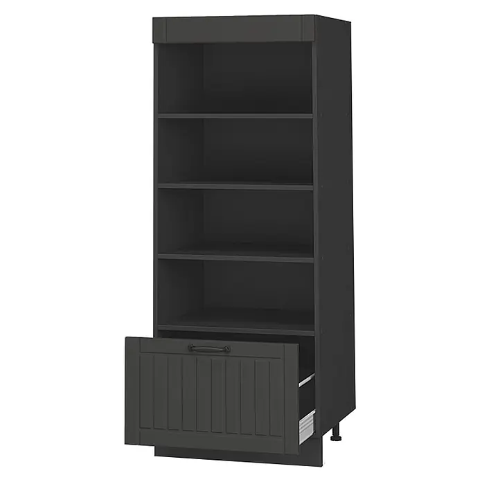 Vorratsschrank Fame-Line 60 cm Dunkelgrau Art.-Nr. 62226 -  - Dunkelgrauer Hochschrank mit offenen Regalböden und einer teils geöffneten Bodenschublade mit Paneelfront und Griff.