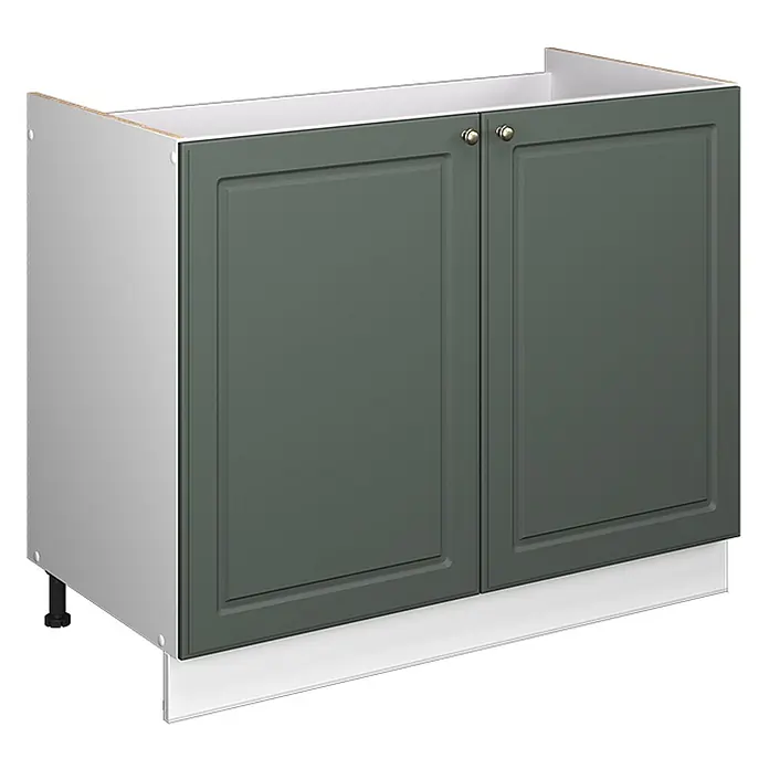 Spülenunterschrank Fame-Line 100 cm Grün-Gold Landhaus Art.-Nr. 61590 -  - Dunkelgrüner Unterschrank mit zwei Türen, goldenen Knöpfen und weißer Sockelblende.
