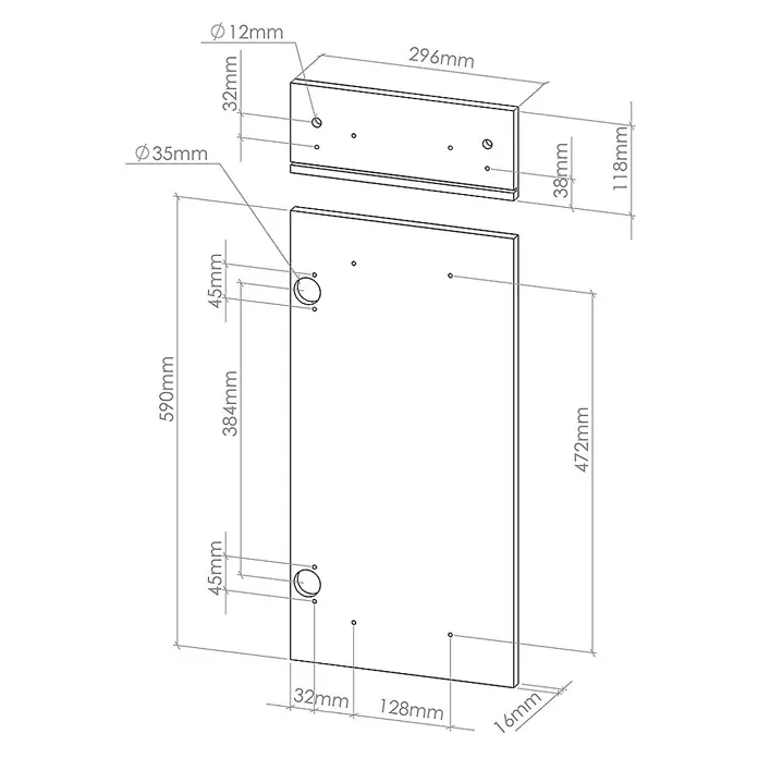 Küchenfront R-Line 29.6 cm Schwarz Hochglanz Art.-Nr. 40919 -  - Technische Zeichnung zweier rechteckiger Holzmöbelplatten mit Maßen und Bohrlöchern zur Montage.