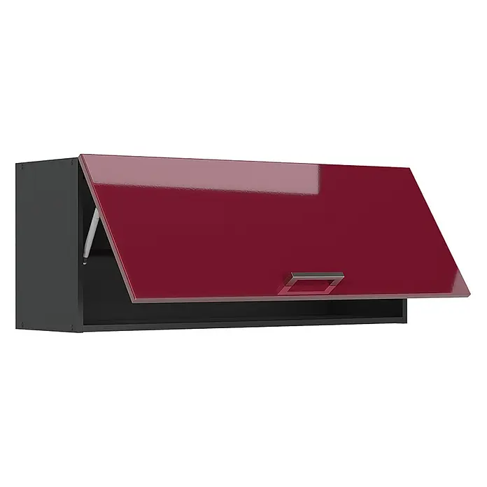 Hängeschrank R-Line 100 cm Rot Hochglanz Art.-Nr. 63167 -  - Dunkelroter Hochglanz-Küchenwandschrank mit dunkelgrauem Rahmen, geöffnete Tür mit Gasdruckfeder und silbernem Griff.