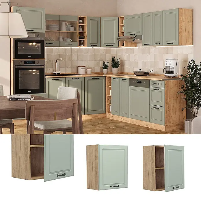 Hängeschrank R-Line 50 cm Mint Landhaus Art.-Nr. 72275 -  - Moderne Küche mit hellgrünen Schränken, Holzoptik-Akzenten und integrierten Geräten.