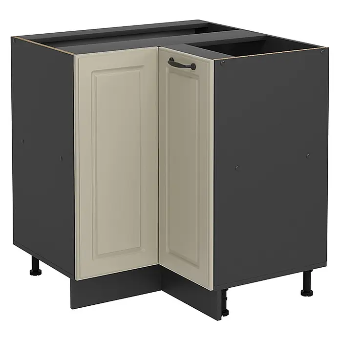 Eckunterschrank R-Line 75.6 cm Sand Landhaus Art.-Nr. 71160 -  - Dunkelgrauer Eckunterschrank mit hellbeigen Kassettenfronten und verstellbaren Füßen.