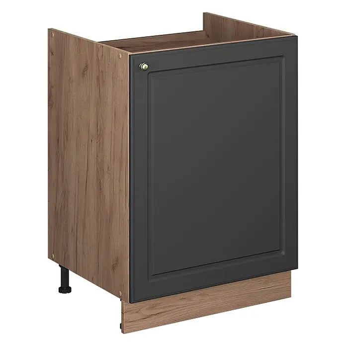 Spülenunterschrank Fame-Line 60 cm Anthrazit-Gold Landhaus Art.-Nr. 63371 -  - Küchenunterschrank mit dunkelgrauer Tür, Messingknauf und hellem Holzdekor-Korpus und Sockelblende.