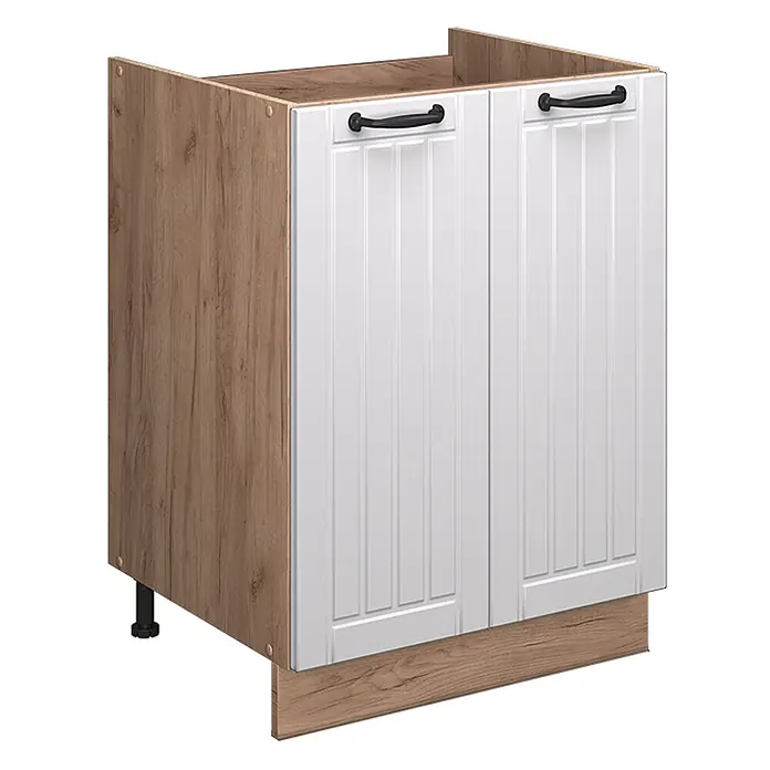 Spülenunterschrank Fame-Line 60 cm Weiß Landhaus Art.-Nr. 65249 -  - Zweitüriger Küchenunterschrank mit Holzoptik-Korpus, weißen Lamellentüren und schwarzen Griffen. Steht auf Stellfüßen.