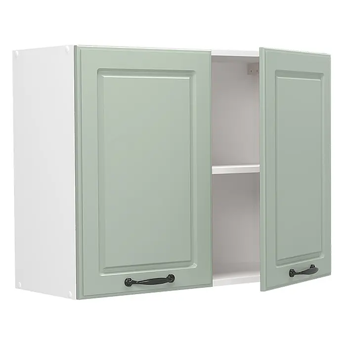 Hängeschrank R-Line 80 cm Mint Landhaus Art.-Nr. 72295 -  - Hellgrüner Küchenoberschrank mit zwei Türen, eine offen, die ein Innenregal zeigt, und schwarzen Griffen.