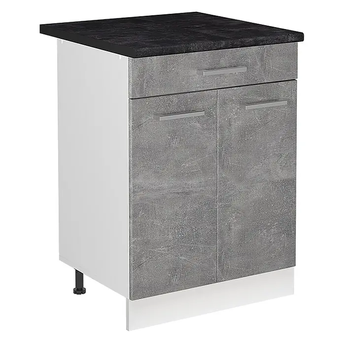 Spülenunterschrank R-Line 60 cm Beton Art.-Nr. 72992 -  - Küchenunterschrank mit schwarzer Arbeitsplatte, weißem Korpus und grauen Beton-Fronten mit silbernen Griffen.