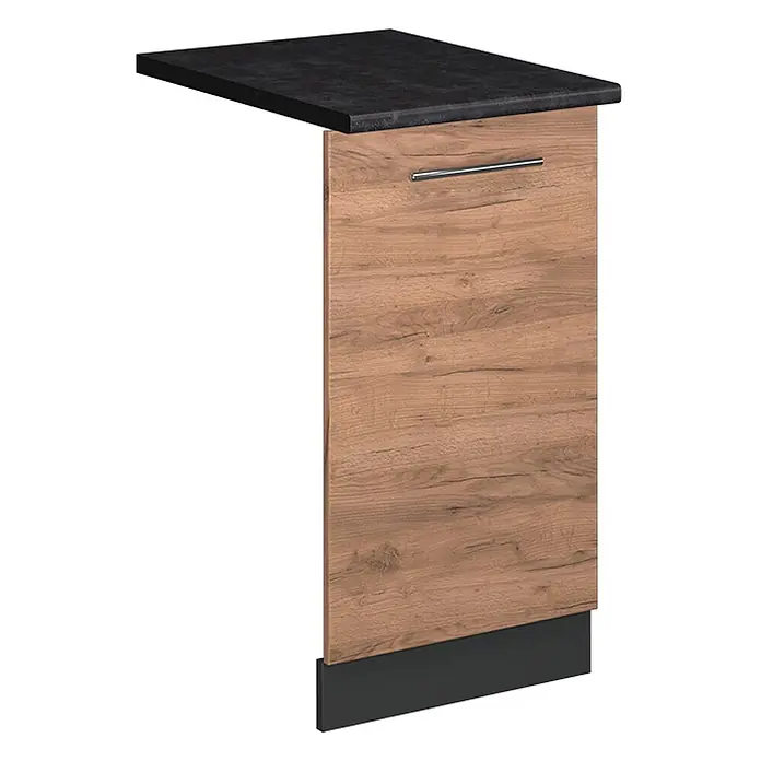 Geschirrspülblende Fame-Line 45 cm Goldkraft Eiche Art.-Nr. 54585 -  - Küchenunterschrank mit dunkelgrauer Arbeitsplatte, Holztür, Metallgriff und schwarzem Sockel.