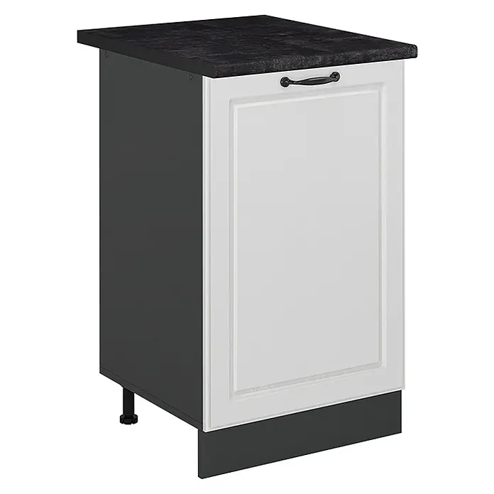 Küchenunterschrank R-Line 50 cm Weiß Landhaus Art.-Nr. 70236 -  - Weißer Küchenunterschrank mit Kassettenfronttür, schwarzem Griff, dunkelgrauer Seite und Sockel, sowie schwarzer Arbeitsplatte.