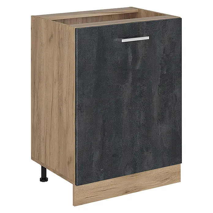 Küchenunterschrank R-Line 60 cm Schwarz Beton Art.-Nr. 72190 -  - Zweifarbiger Küchenunterschrank: Heller Holzkorpus mit dunkler strukturierter Frontplatte und silbernem Griff. Inklusive verstellbarem Fuß.