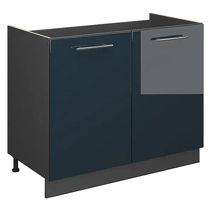 Spülenunterschrank Fame-Line 100 cm Dunkelblau Hochglanz Art.-Nr. 61600 -  - Dunkelblau-dunkelgrauer Küchenunterschrank mit zwei Hochglanztüren und Metallgriffen auf verstellbaren Füßen.