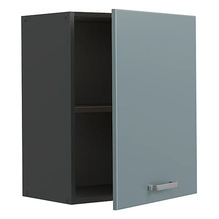 Hängeschrank R-Line 50 cm Blau-Grau Art.-Nr. 70040 -  - Grauer Hängeschrank mit einer teilweise geöffneten blaugrauen Tür, innen mit Regalböden und einem silbernen Griff.