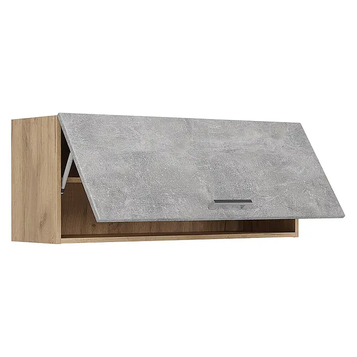 Hängeschrank R-Line 100 cm Beton Art.-Nr. 63132 -  - Hängeschrank mit hellem Holzrahmen und offener grauer Strukturtür, Gasfeder und silbernem Griff.