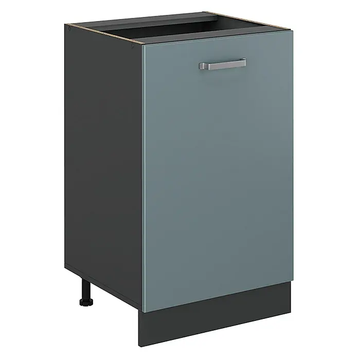 Küchenunterschrank R-Line 50 cm Blau-Grau Art.-Nr. 70259 -  - Dunkelgrauer Unterschrank mit blau-grauer Tür, silbernem Griff und schwarzer Sockelleiste, auf verstellbaren Füßen.