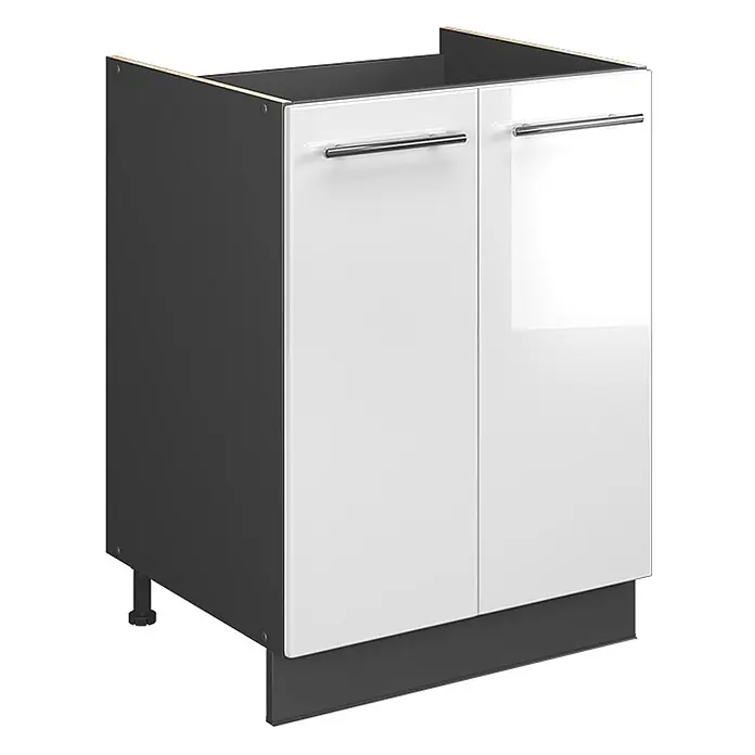 Spülenunterschrank Fame-Line 60 cm Weiß Hochglanz Art.-Nr. 65280 -  - Weißer Hochglanz-Küchenunterschrank mit zwei Türen, Chromgriffen, dunkelgrauen Seiten und Sockel, mit verstellbaren Füßen.