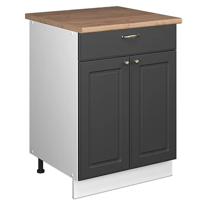 Küchenunterschrank Fame-Line 60 cm Anthrazit-Gold Landhaus Art.-Nr. 60946 -  - Dunkelgrauer Küchenunterschrank mit Holzoptik-Arbeitsplatte, einer Schublade und zwei Türen.