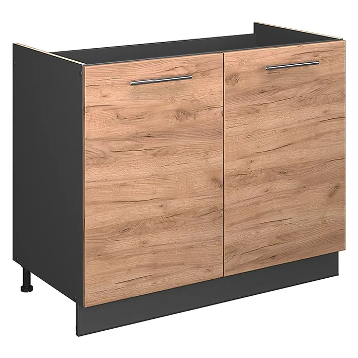 Spülenunterschrank Fame-Line 100 cm Goldkraft Eiche Art.-Nr. 61598 -  - Zweitüriger Unterschrank mit Holzoptik-Fronten, silbernen Griffen und dunkelgrauem Korpus.
