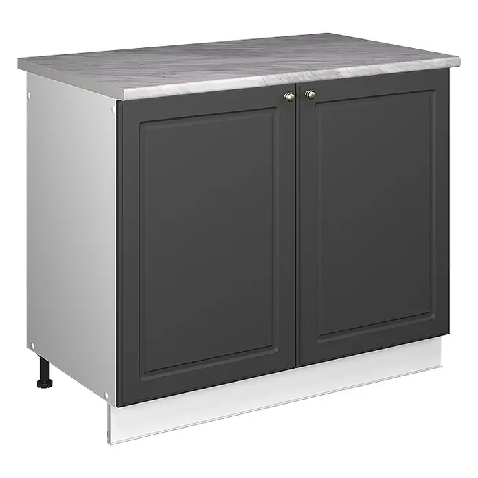 Spülenunterschrank Fame-Line 100 cm Anthrazit-Gold Landhaus Art.-Nr. 61901 -  - Dunkelgrauer Unterschrank mit Marmor-Arbeitsplatte, Messingknöpfen, verstellbaren Füßen und weißer Sockelleiste für die Küche.