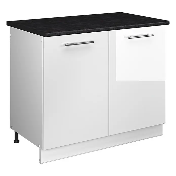 Spülenunterschrank Fame-Line 100 cm Weiß Hochglanz Art.-Nr. 61920 -  - Weißer Küchenunterschrank mit schwarzer Arbeitsplatte, zwei Türen und Chromgriffen.