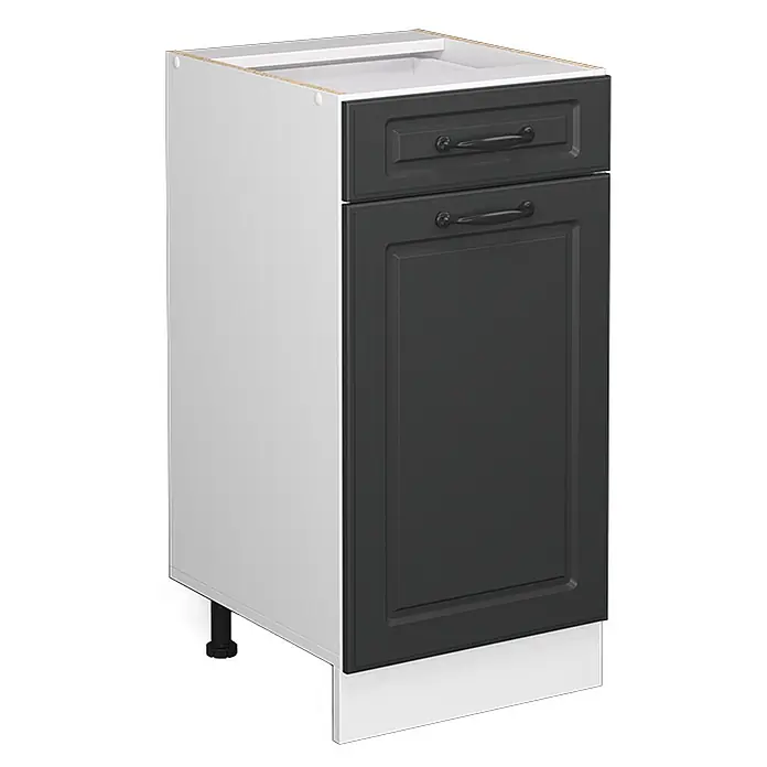 Küchenfront R-Line 39.6 cm Anthrazit Landhaus Art.-Nr. 37188 -  - Weißer Küchenunterschrank mit dunkelgrauer Schublade und Tür, ausgestattet mit schwarzen Griffen und einer weißen Sockelleiste.