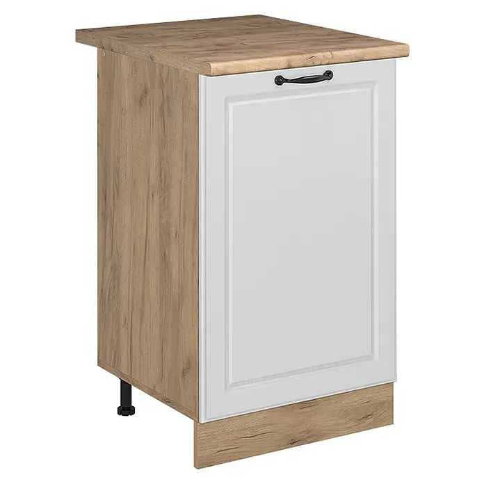 Küchenunterschrank R-Line 50 cm Weiß Landhaus Art.-Nr. 70364 -  - Weißer Küchenunterschrank mit Holzplatte, Seitenwand und Sockelleiste. Mit vertiefter Tür und schwarzem Griff.