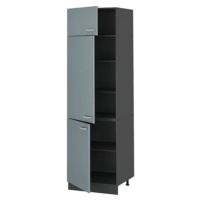 Vorratsschrank R-Line 60 cm Blau-Grau Art.-Nr. 63196 -  - Hoher Hochschrank mit graublauen Türen, teilweise geöffnet, die dunkelgraue Regalböden zeigen.