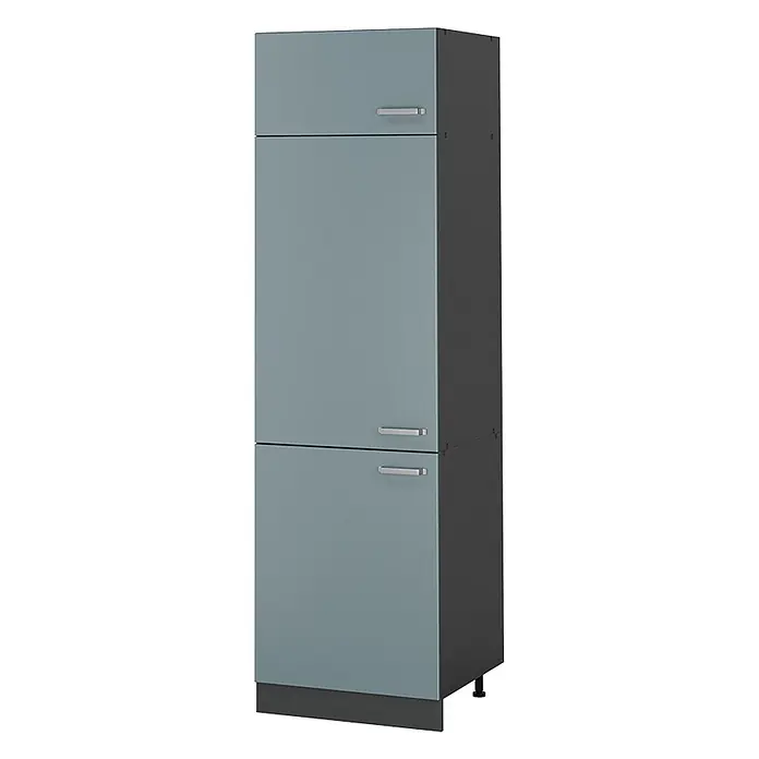 Vorratsschrank R-Line 60 cm Blau-Grau Art.-Nr. 63196 -  - Hoher Küchenschrank mit drei schieferblauen Türen und silbernen Griffen. Dunkelgrauer Rahmen und Sockel.