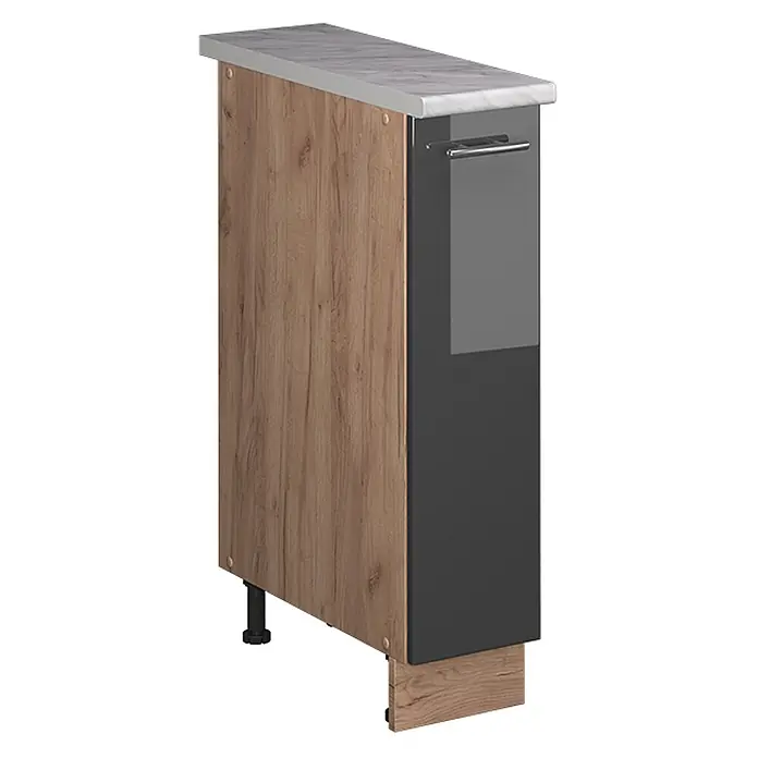 Apothekerschrank Fame-Line 20 cm Anthrazit Hochglanz Art.-Nr. 62119 -  - Schmaler Küchenschrank mit heller Holzseite, dunkelgrauer Hochglanzfront mit Griff und Marmoroptik-Arbeitsplatte.