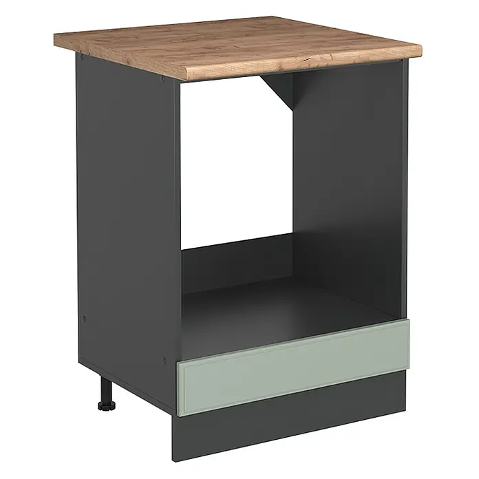 Herdumbauschrank R-Line 60 cm Mint Landhaus Art.-Nr. 71166 -  - Dunkelgrauer Küchenunterschrank mit Holzdekor-Platte, offenem Gerätefach und hellgrüner Akzentblende.