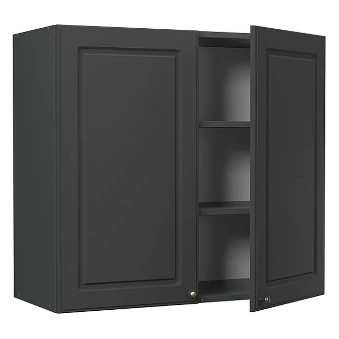 Hängeschrank Fame-Line 80 cm Anthrazit-Gold Landhaus Art.-Nr. 62811 -  - Dunkelgrauer Wandschrank mit zwei Kassettentüren, eine offenbart Innenregale und Messinggriffe.