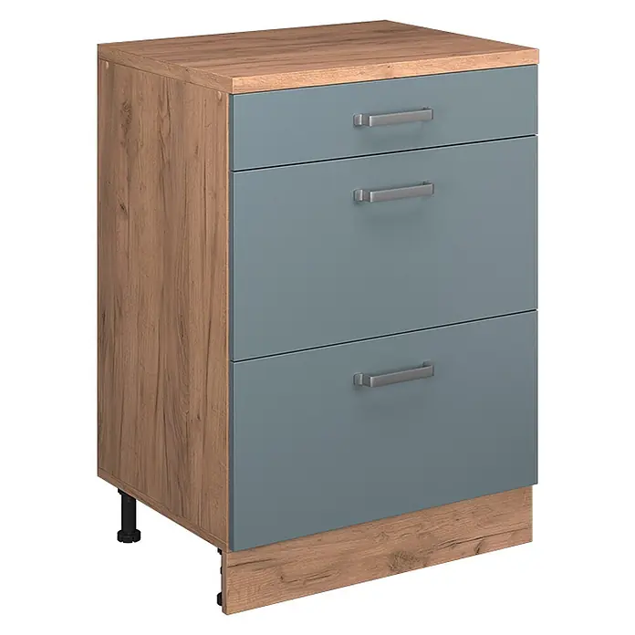 Küchenschrank für Dachschrägen R-Line 60 cm Blau-Grau Art.-Nr. 61718 -  - Holzfarbener Schrank mit drei blaugrauen Schubladen und silbernen Griffen. Verstellbare Füße sichtbar.