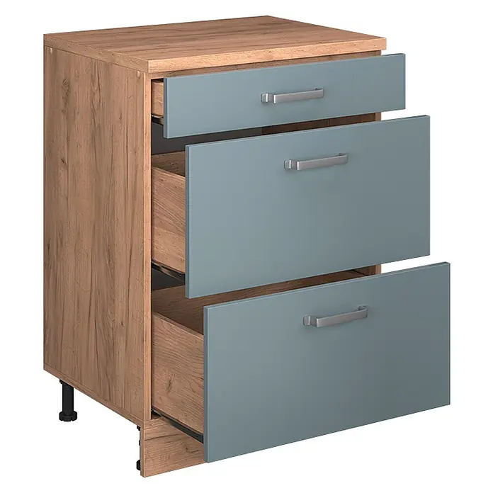 Küchenschrank für Dachschrägen R-Line 60 cm Blau-Grau Art.-Nr. 61718 -  - Holzoptik-Schrank mit drei teilweise geöffneten Schubladen, hellblau-grauen Fronten und silbernen Griffen.