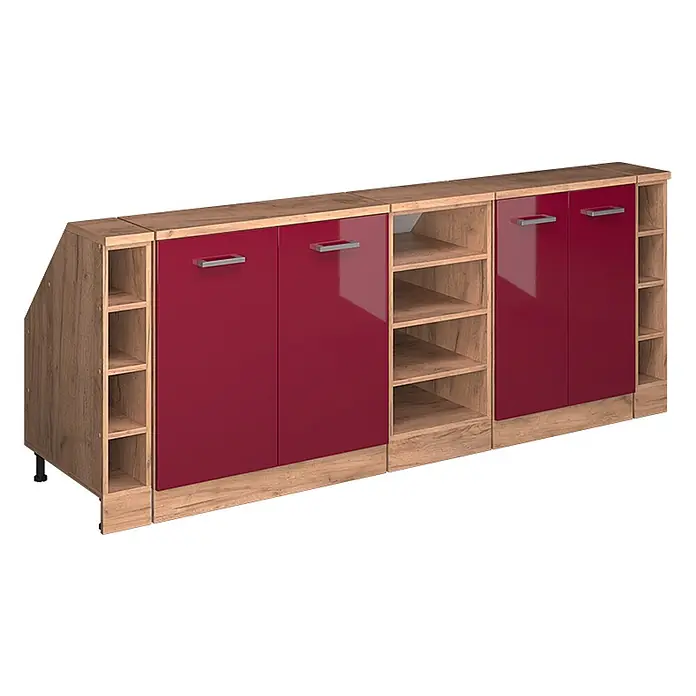Küchenschrank für Dachschrägen R-Line 210 cm Rot Hochglanz Art.-Nr. 60220 -  - Modulares Holz-Sideboard mit roten Hochglanztüren und offenen Ablagefächern, auf verstellbaren Füßen.