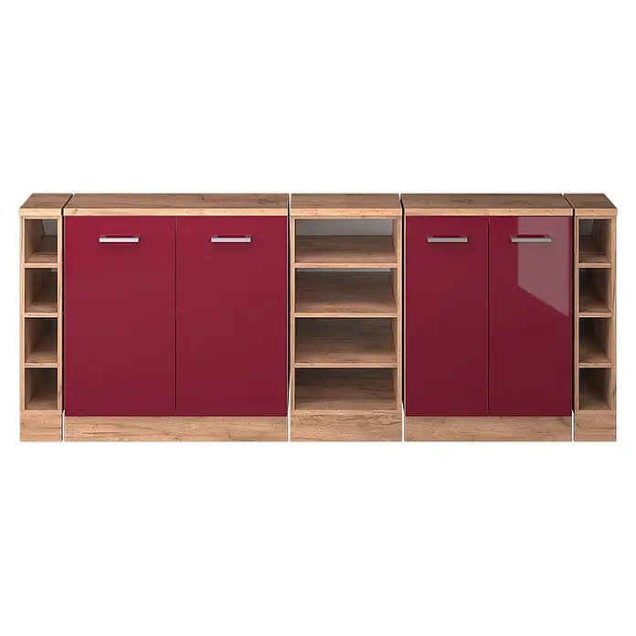 Küchenschrank für Dachschrägen R-Line 210 cm Rot Hochglanz Art.-Nr. 60220 -  - Sideboard mit hochglänzenden roten Türen und hellen Holzmaserung-Regalen.