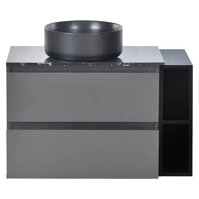 SONNENH Badmöbel-Set, MDF, 80 x 44 cm, Schwarz/Grau -  - Dunkelgrauer Waschtisch mit zwei Schubladen, schwarzer Marmorplatte und runder Aufsatzschale. Mit offenem Seitenregal.