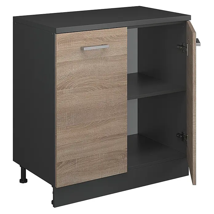 Küchenschrank für Dachschrägen R-Line 80 cm Sonoma Art.-Nr. 61795 -  - Dunkelgrauer Schrank mit einer hellen Holztür und einem offenen Fach mit zwei Regalböden.