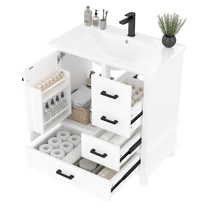 SONNENH Badmöbel-Set mit 3 Schubladen, 76 x 46 cm, Weiß -  - Weißer Badezimmerschrank mit integriertem Waschbecken, schwarzer Armatur und Griffen. Bietet mehrere Schubladen und einen Seitenschrank für Badartikel.