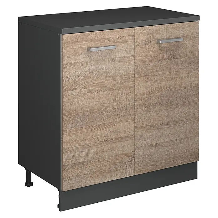 Küchenschrank für Dachschrägen R-Line 80 cm Sonoma Art.-Nr. 61795 -  - Zweitüriger Unterschrank mit dunkelgrauem Korpus und hellen Holzmaserungstüren, silberne Griffe.