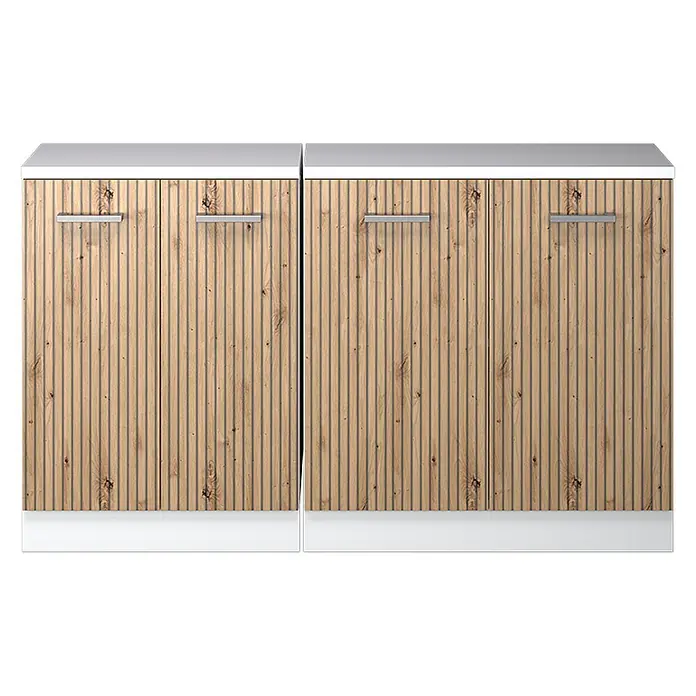 Küchenschrank für Dachschrägen R-Line 140 cm Artisan-Eiche Art.-Nr. 60179 -  - Zwei Holzschränke mit vertikal geriffelten Türen, silbernen Griffen, weißen Platten und Sockeln.