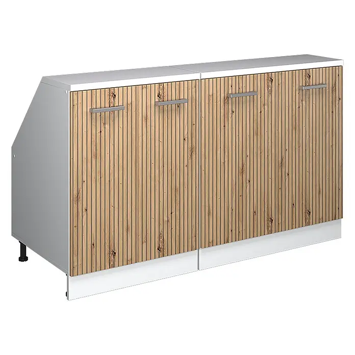 Küchenschrank für Dachschrägen R-Line 140 cm Artisan-Eiche Art.-Nr. 60179 -  - Zweiteiliger Schrank mit geriffelten Holztüren, weißen Oberplatten und Sockel, linker Seite abgeschrägt, mit Metallgriffen.