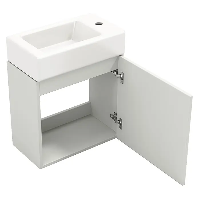 SONNENH Badmöbel-Set, MDF, 46 x 26 cm, Weiß -  - Weißes Keramikwaschbecken mit hellgrauem Waschtischunterschrank und offener Tür.