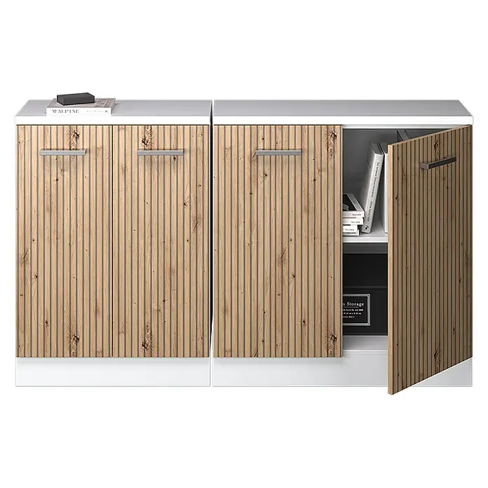 Küchenschrank für Dachschrägen R-Line 140 cm Artisan-Eiche Art.-Nr. 60179 -  - Weißer Schrank mit zwei hellen Holzlamellentüren, eine offen mit Büchern und einer schwarzen Aufbewahrungsbox.