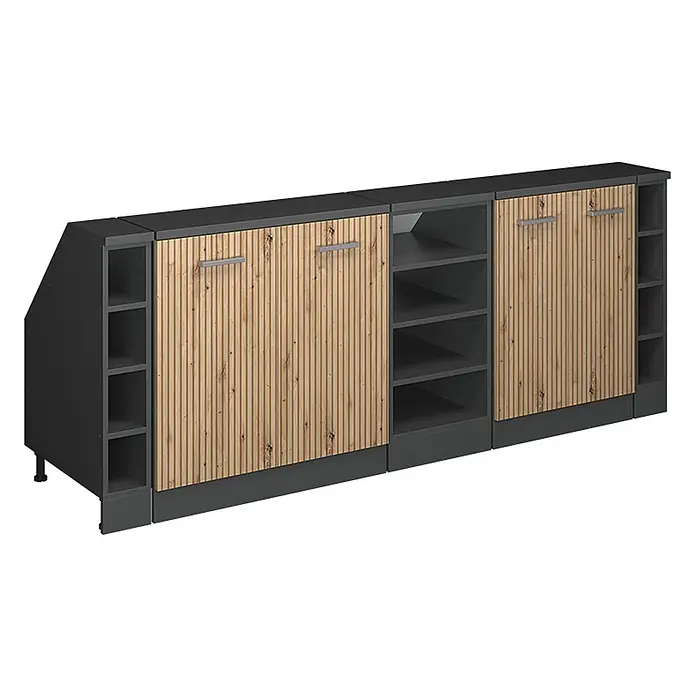 Küchenschrank für Dachschrägen R-Line 210 cm Artisan-Eiche Art.-Nr. 60140 -  - Modulares, dunkelgraues Aufbewahrungskabinett mit offenen Fächern und hellen Holzlamellentüren, inklusive angewinkelter Endeinheit für vielseitigen Stauraum.