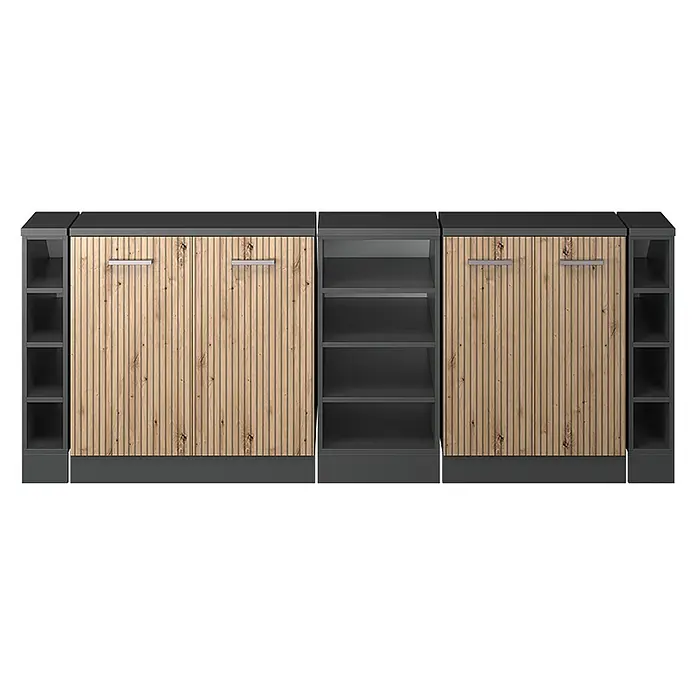 Küchenschrank für Dachschrägen R-Line 210 cm Artisan-Eiche Art.-Nr. 60140 -  - Modulares dunkelgraues Schranksystem mit hellen Holzlamellentüren und offenen Regalen.