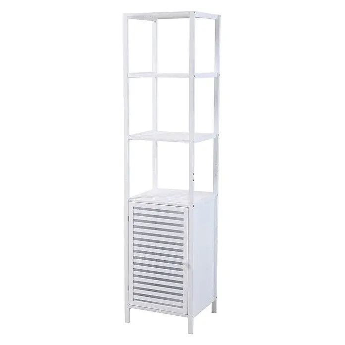 SVITA Badregal L Natur Bambus Weiß -  - Weißer freistehender Badschrank mit drei offenen Regalen und einem Unterschrank mit Lamellentür.